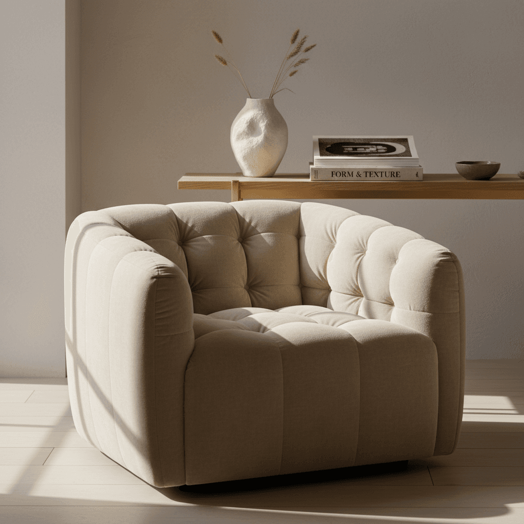 A close-up of custom furniture with intentional styling in a home corner