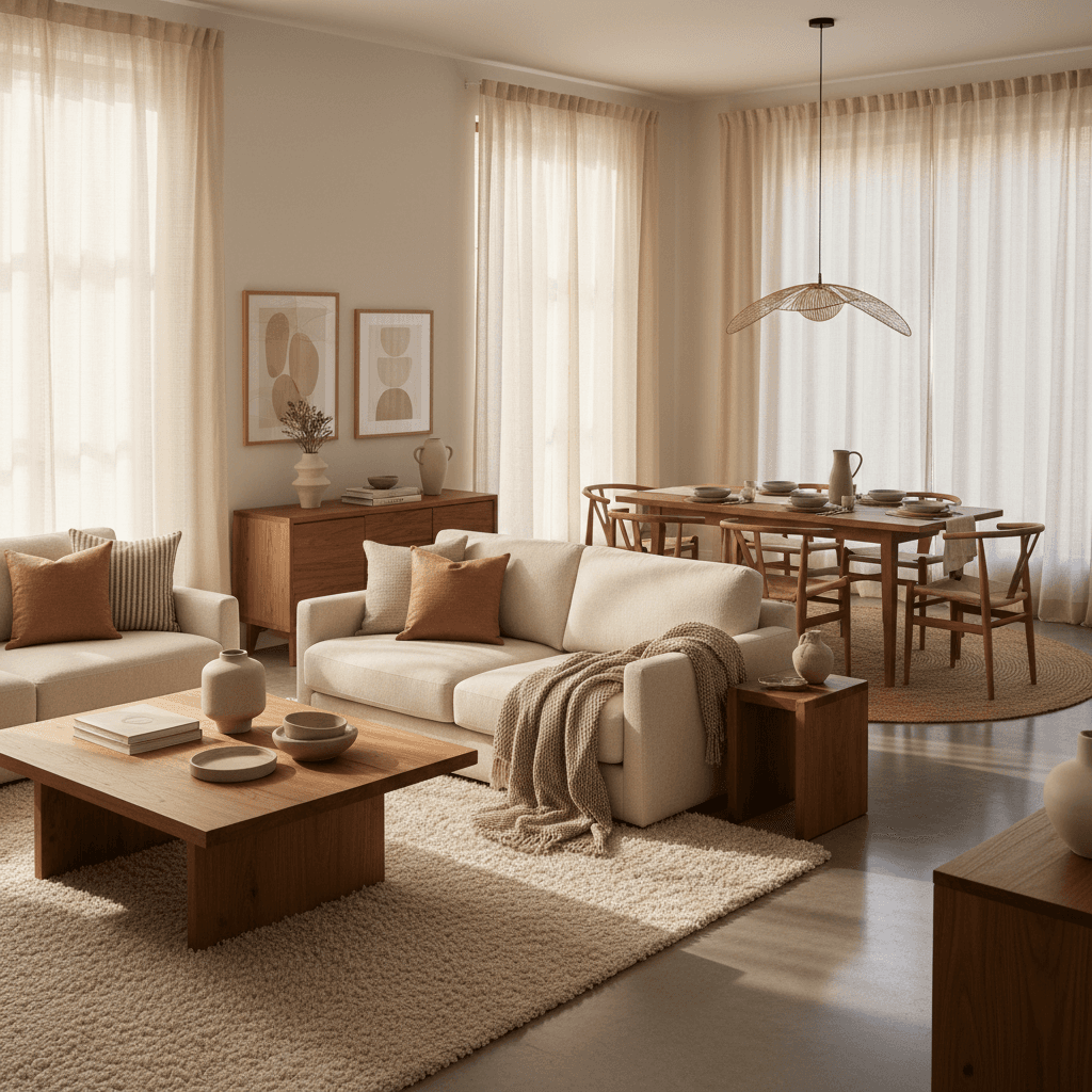 Cohesive open-concept living and dining area with complementary furniture
