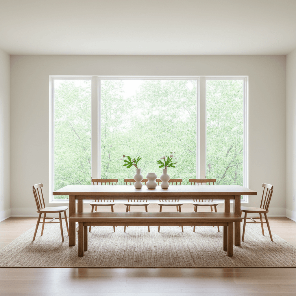 A complete dining room design with a custom-built table and coordinated seating