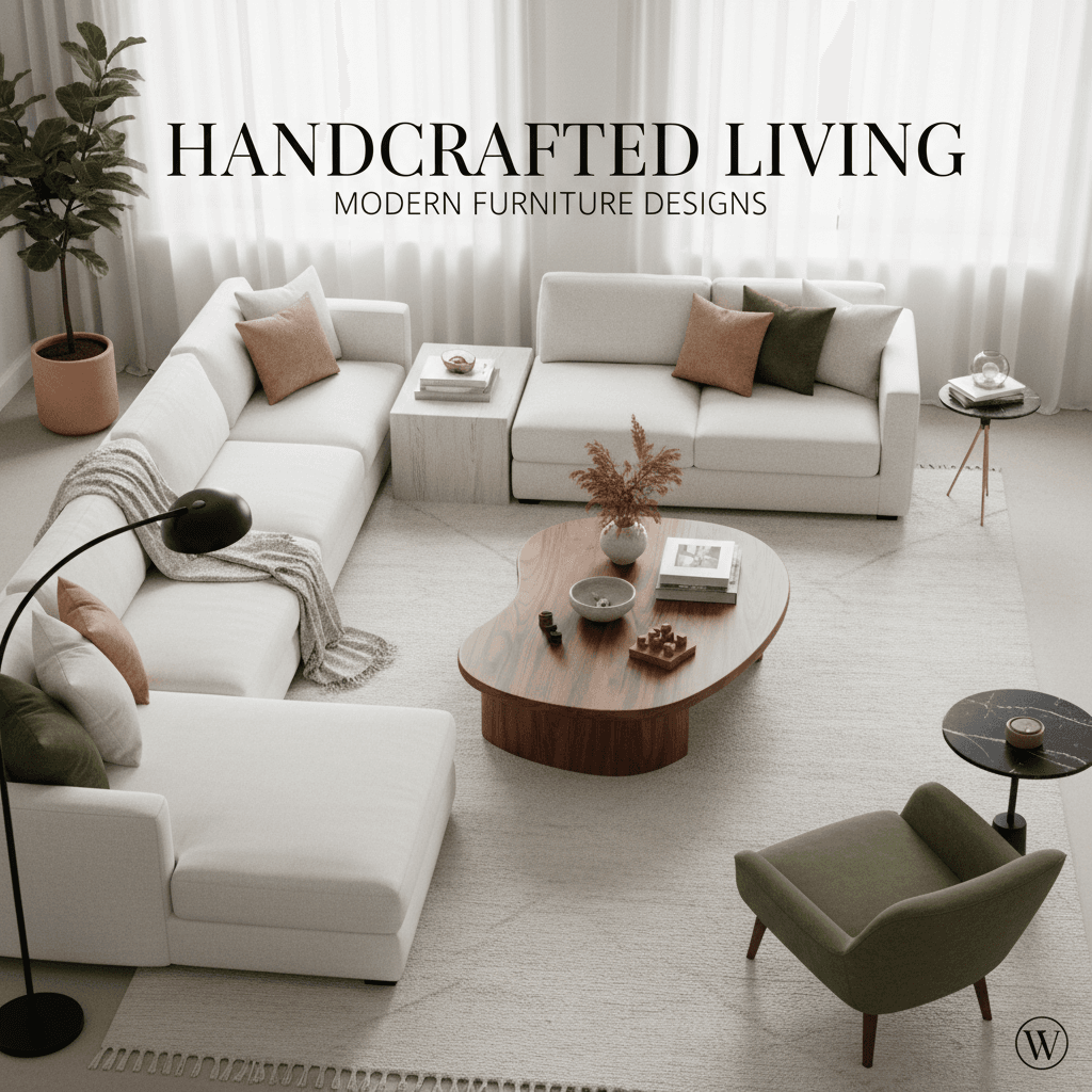 A finished living room centered around a custom coffee table and styled seating