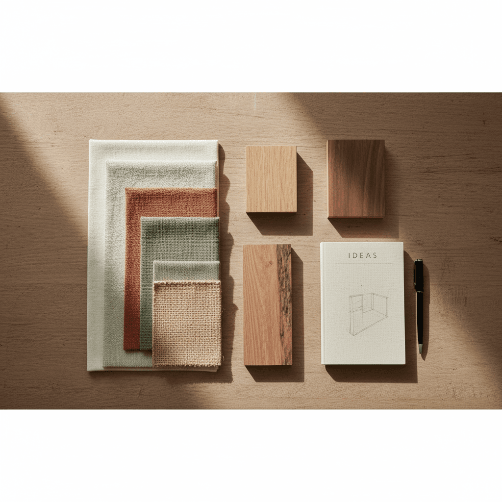 Designer examining fabric swatches and furniture samples at a work table