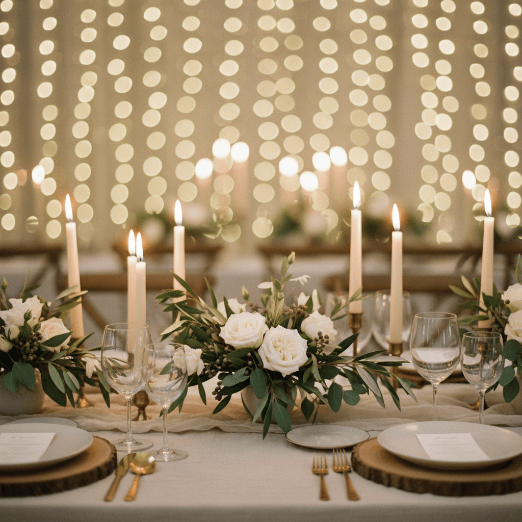 Wedding reception table with neutral-toned centerpieces and candles