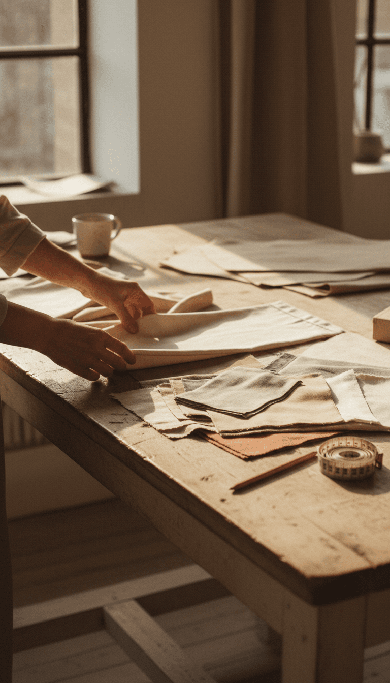 Designer reviewing fabric swatches for a custom furniture project