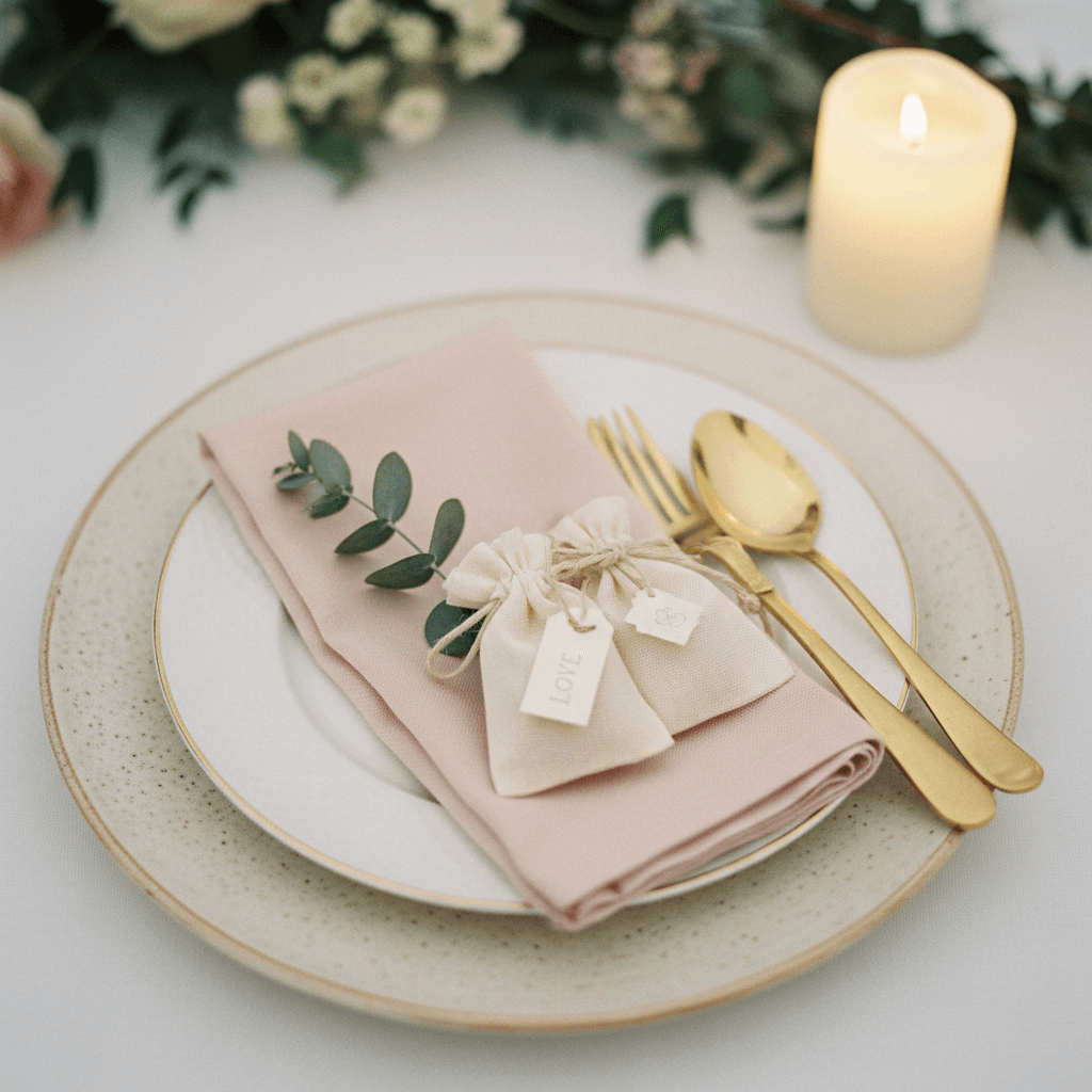 A close-up of a wedding table setting with layered tableware and a small favor