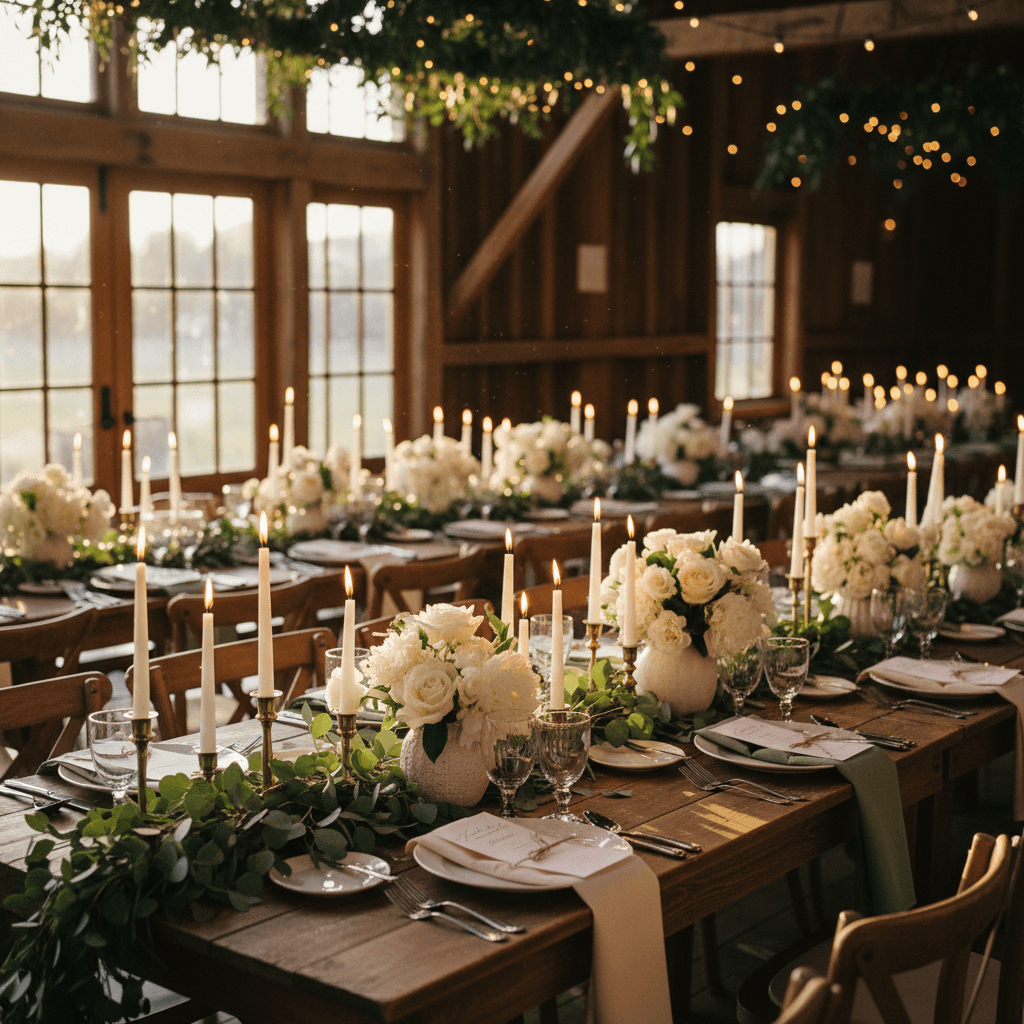 A styled wedding reception with long tables and layered floral and candle centerpieces