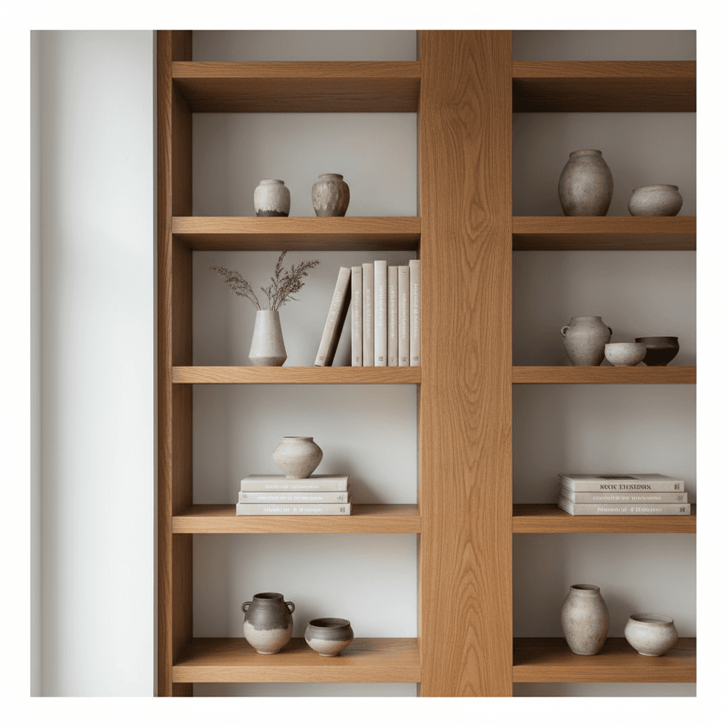 Custom built-in oak shelving in a modern living room