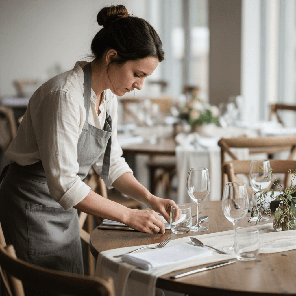Event stylist arranging place settings at a wedding reception