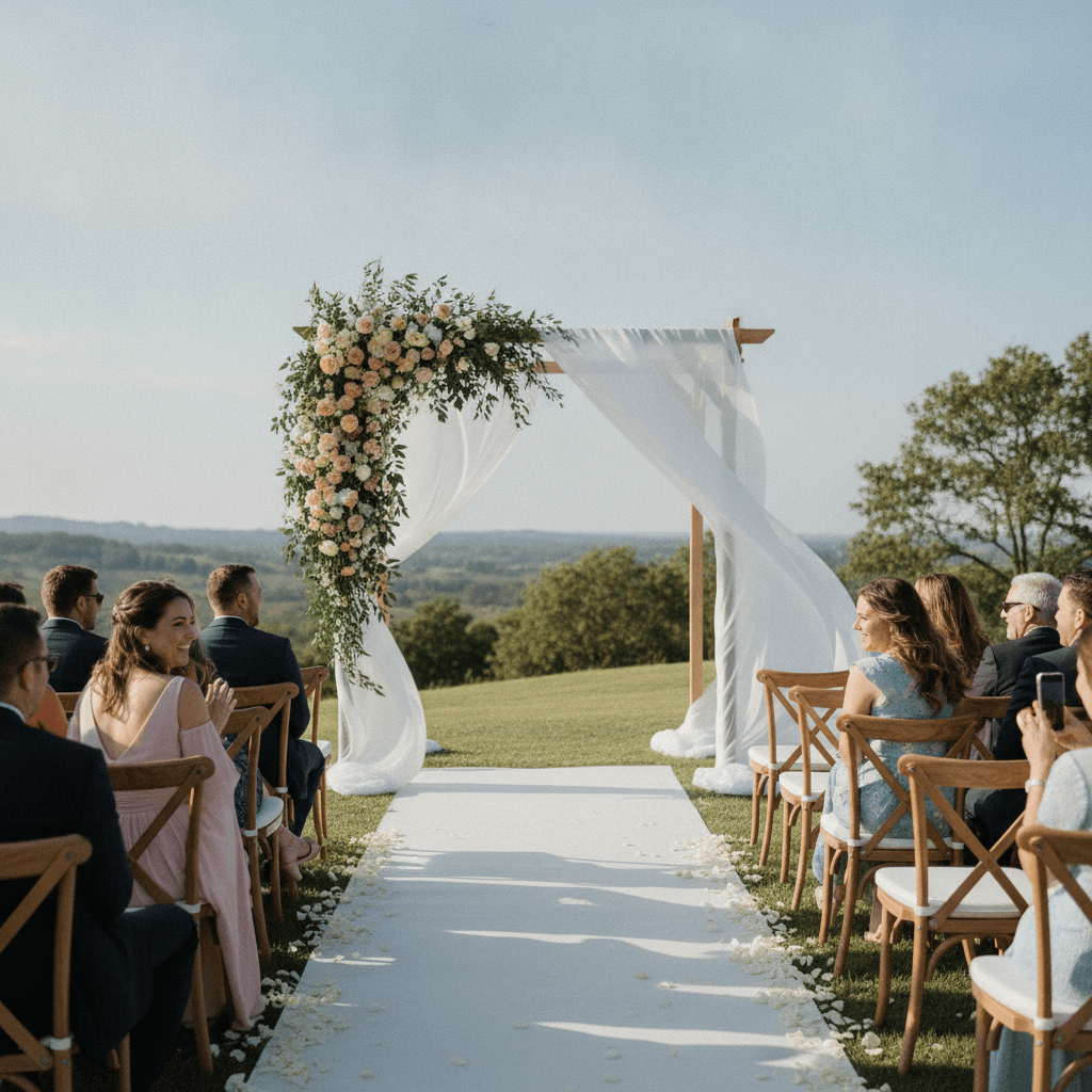 An outdoor wedding ceremony space featuring a draped arch and floral aisle