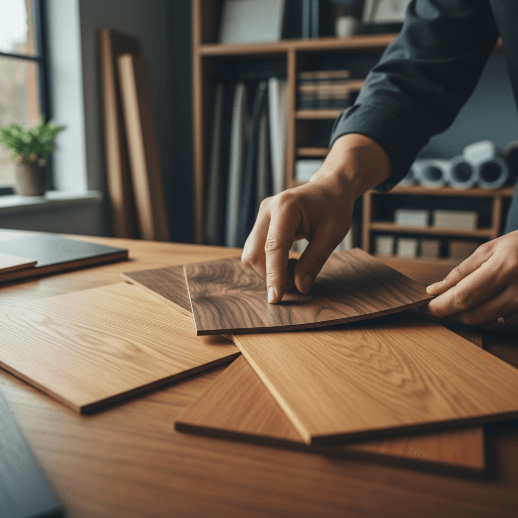 Hands selecting wood samples and fabric swatches