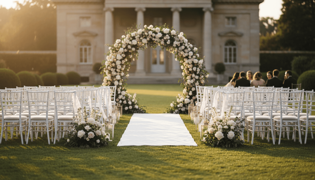 Styled wedding ceremony arch with greenery and white florals