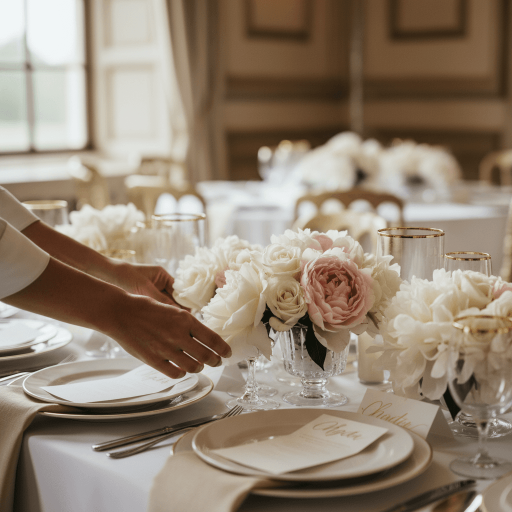 Event stylist adjusting place settings on a long wedding table