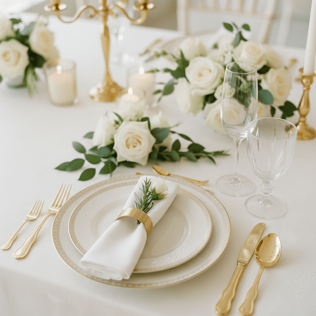 Overhead of a styled event table with candles and floral centerpieces in Chelsea