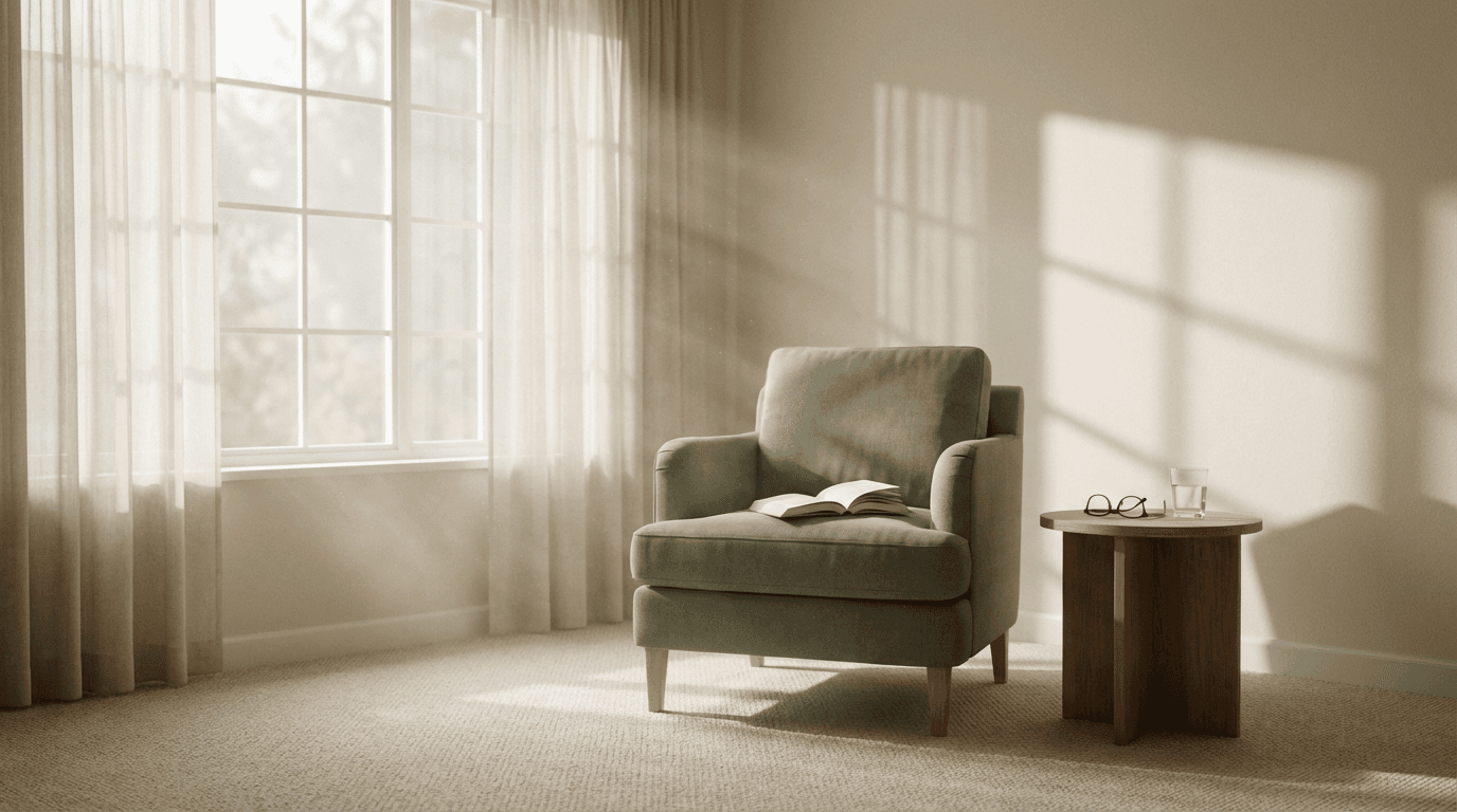 Styled living room corner with custom chair and warm natural light