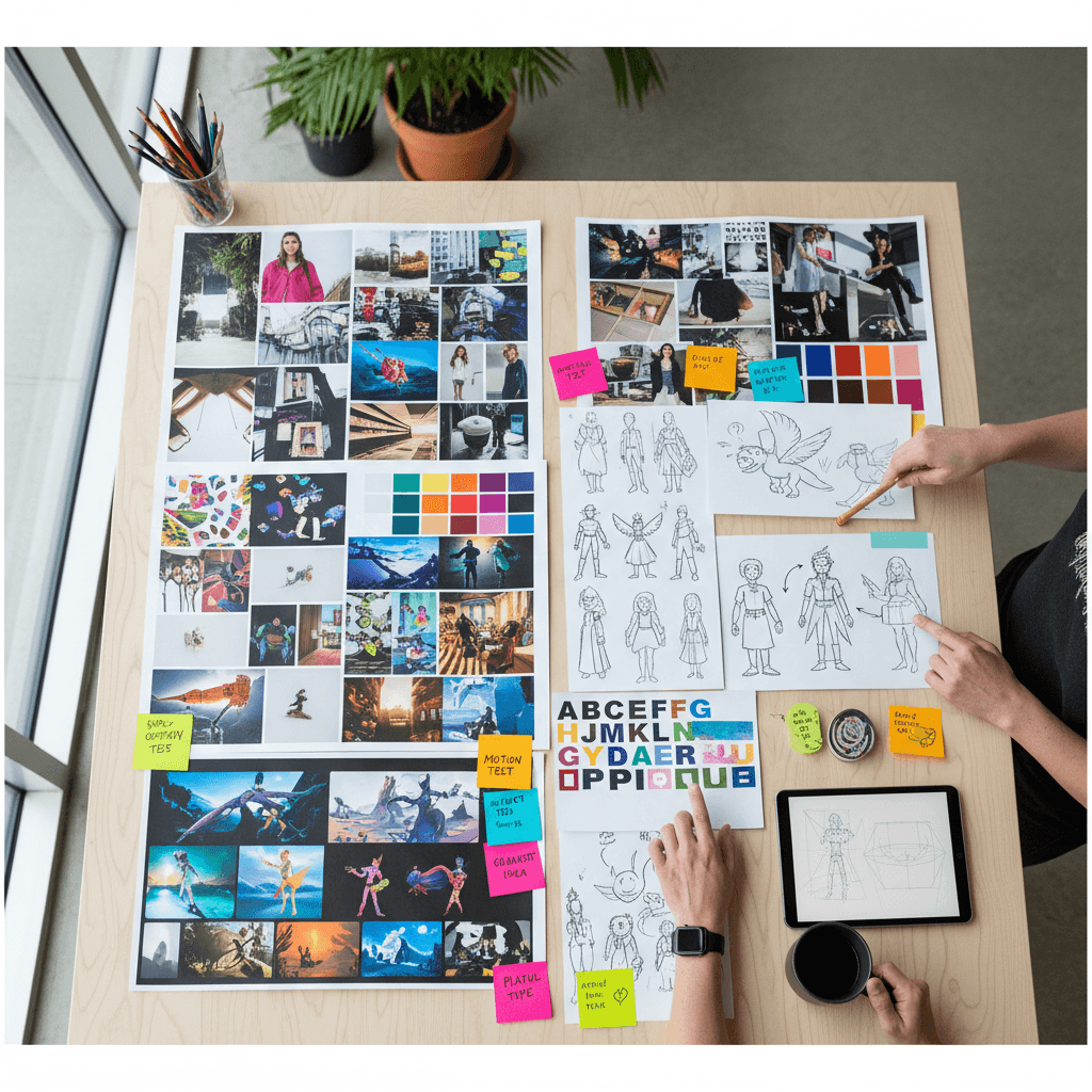 Concept sketches and material boards on a studio table