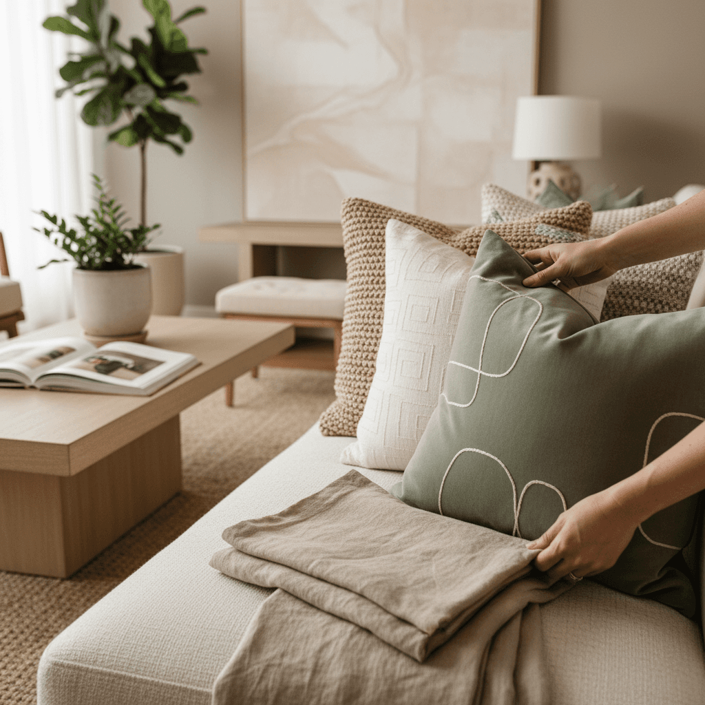 Interior designer styling a custom sofa with linen pillows