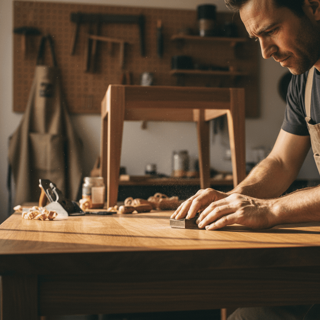 Designer's hands sanding a custom wooden table edge in a bright workshop