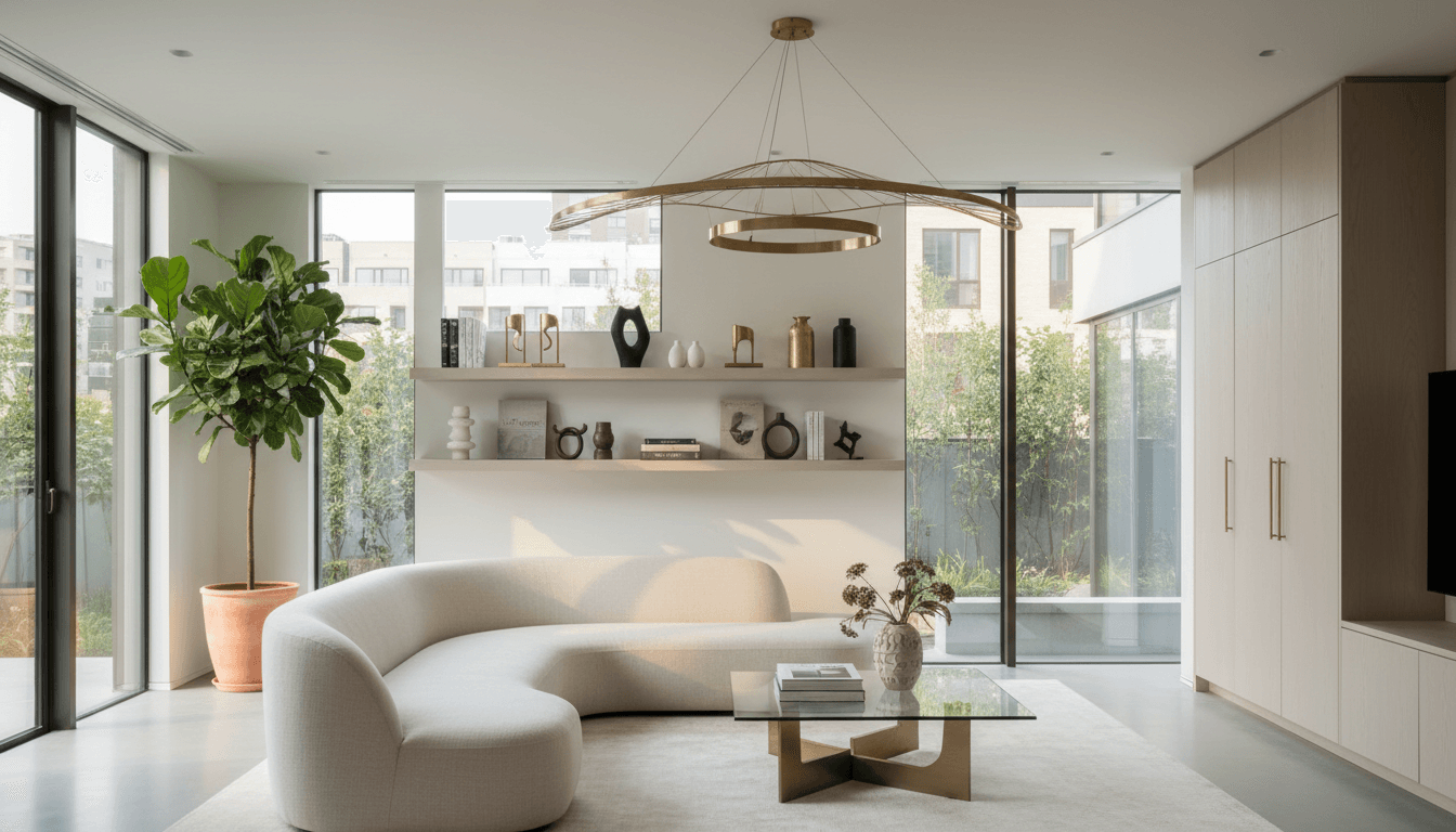 Modern living room with custom wooden bookshelf and neutral furnishings