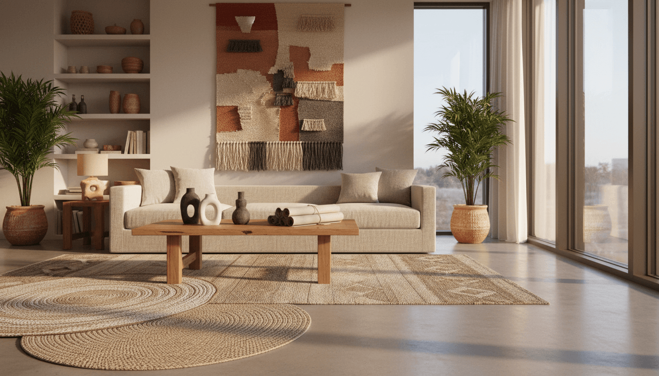 Sunlit living room with custom wooden furniture and soft neutral textiles