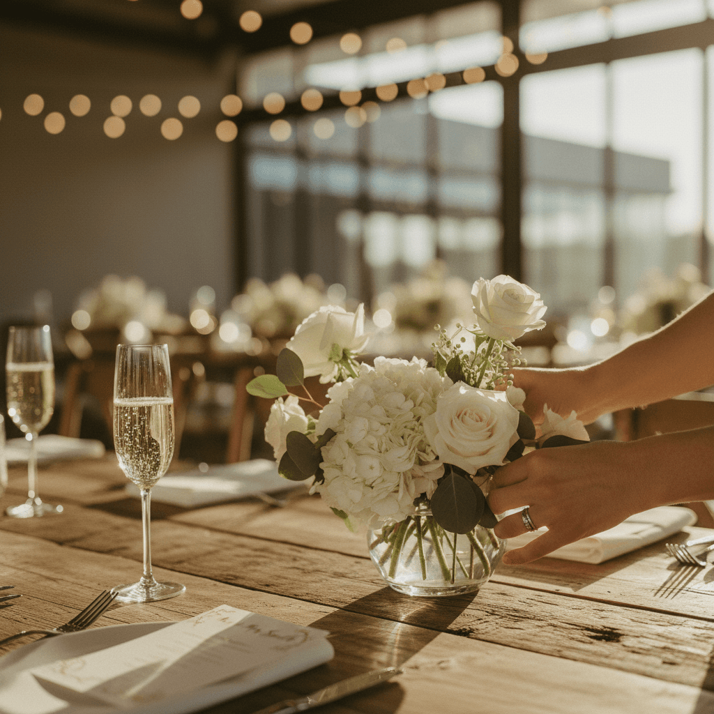 Event stylist dressing a wedding reception table