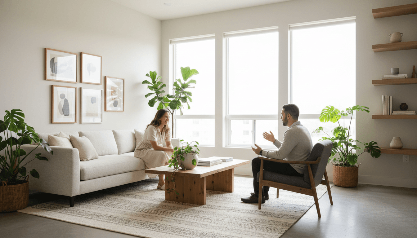 Overhead view of a deliberate living room furniture layout