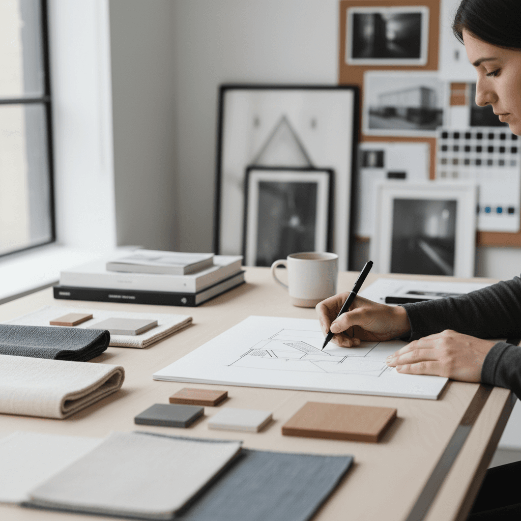 Designer sketching a furniture layout on trace paper