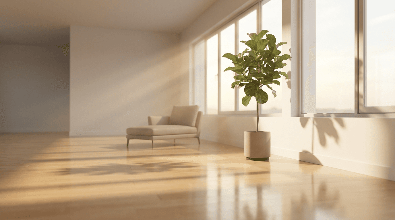 A custom-designed living room with warm neutral tones and modern furniture