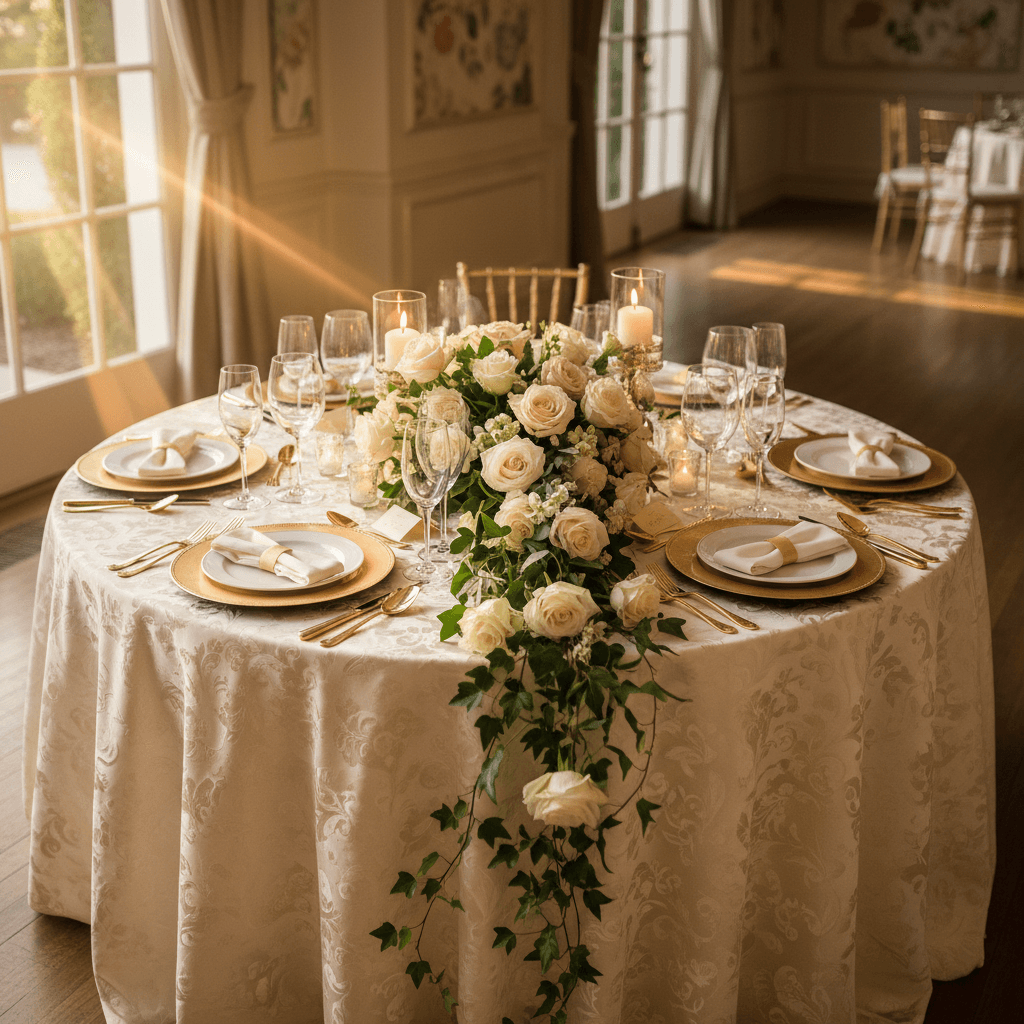 Styled wedding reception table with florals and candlelight
