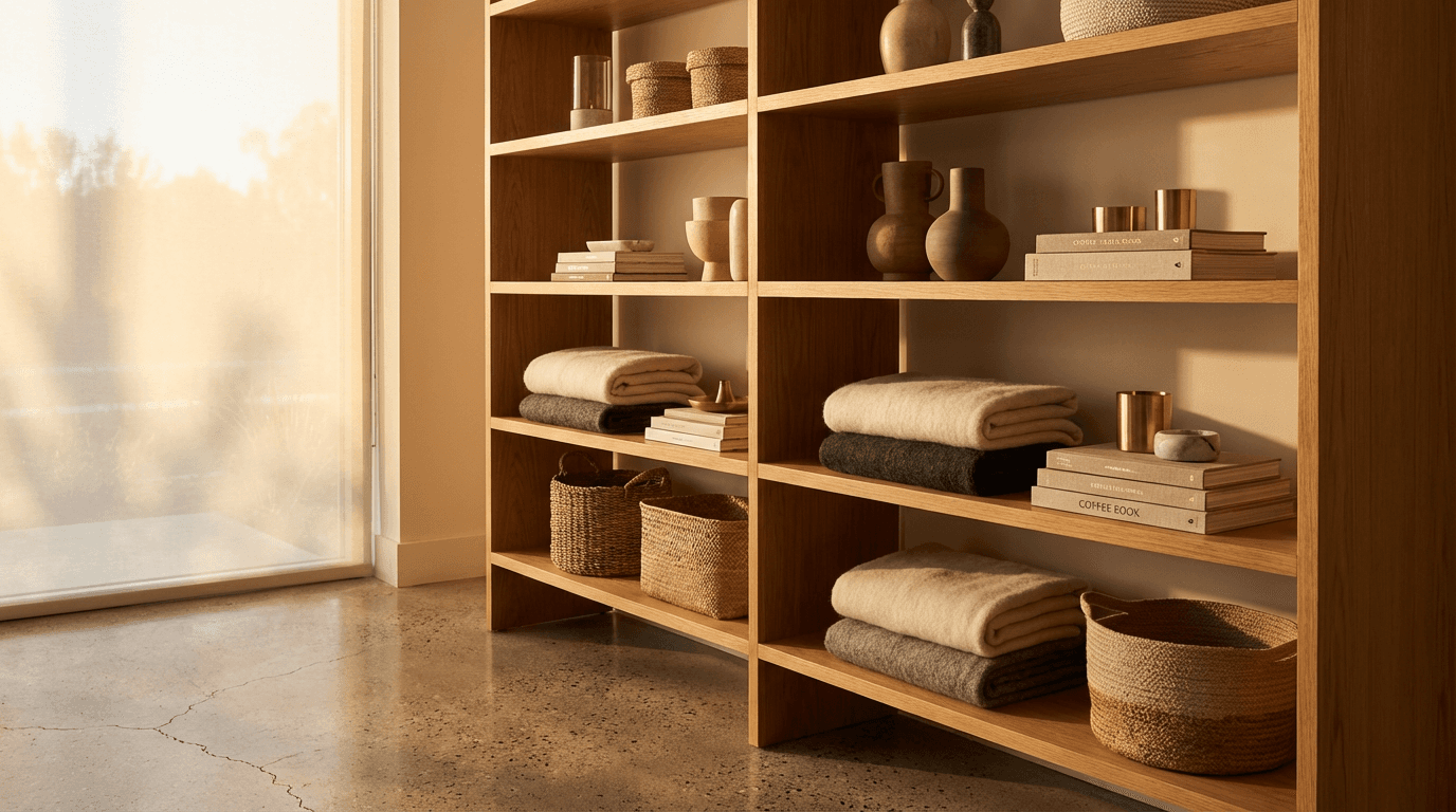 Custom oak shelving and a soft sofa arranged in a sunlit Chelsea living room